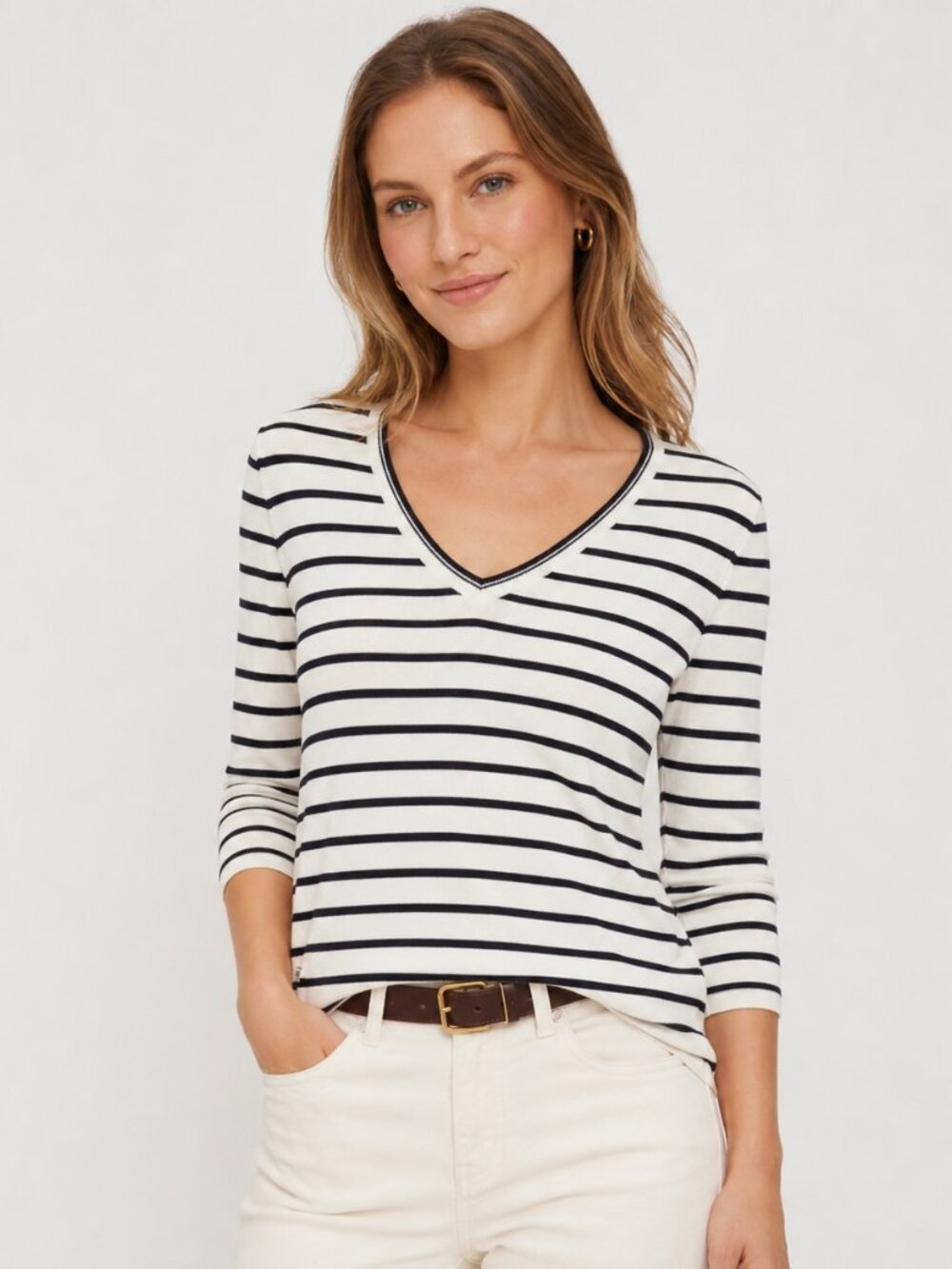 Lauren Ralph Lauren Striped V-Neck Knit Top M Black White Classic Nautical Prep